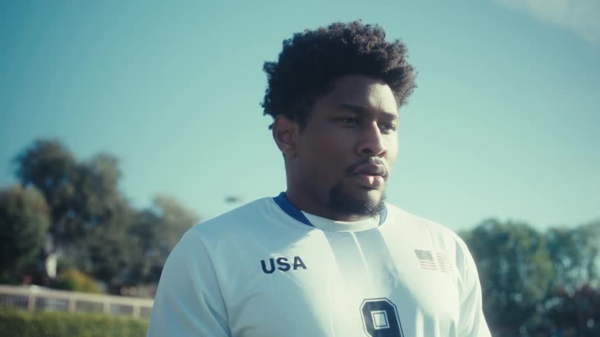 A football athlete trains on the field on a sunny day moving with focus and energy under the bright sky
