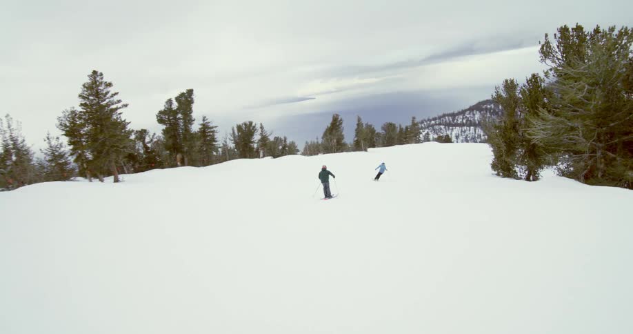 Two people skiing in the snow on a cloudy day