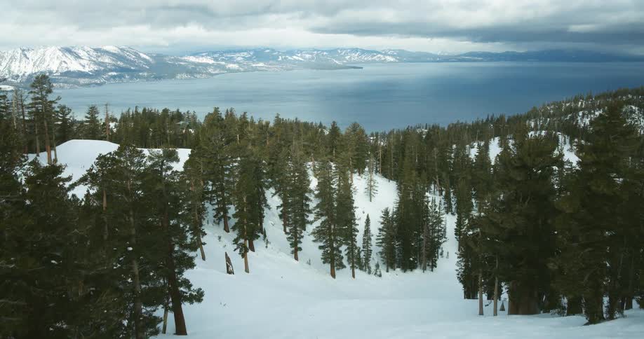 Small group of people skiing across a snow covered forested mountain overlooking a lake