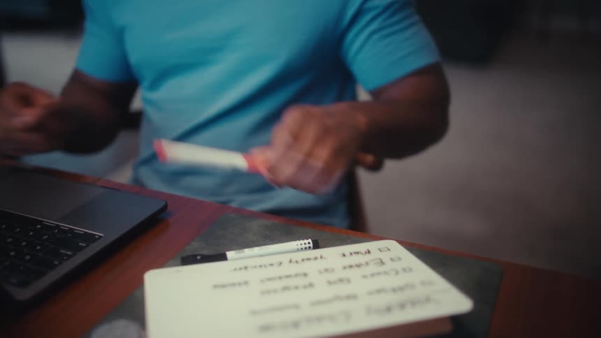 A man working from home types on his laptop before picking up a red marker to check an item off his weekly checklist
