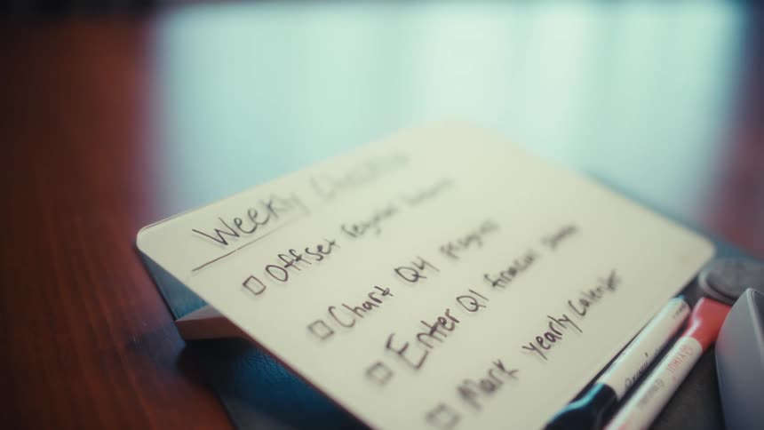 A card listing weekly activities rests on a wooden desk with markers and a pen placed neatly beside it