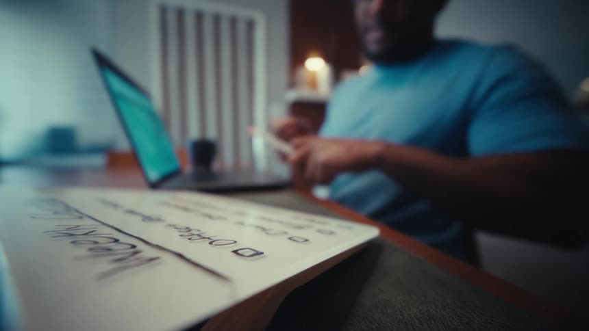 A man in a blue shirt uses a red marker to check off a task on a weekly to do list while working at a desk with a laptop in a dimly lit room
