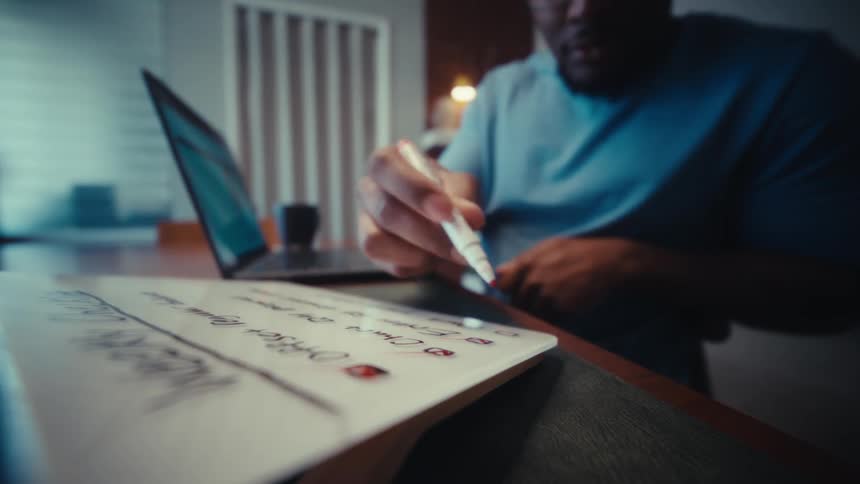 A man working from home satisfyingly checks items off his to do list and leans back pleased with his work