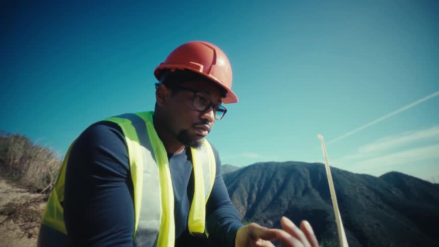 A man wearing a green vest and a red helmet stands on a hill on a sunny day inspecting a wind turbine as it turns steadily in the breeze