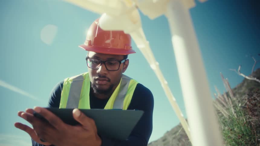 A male engineer reviews data on a tablet beside a wind turbine at a windfarm