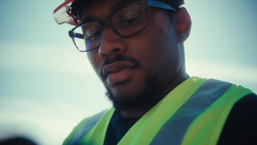 A black man wearing a helmet and construction vest is looking downward at a folder under sun flare