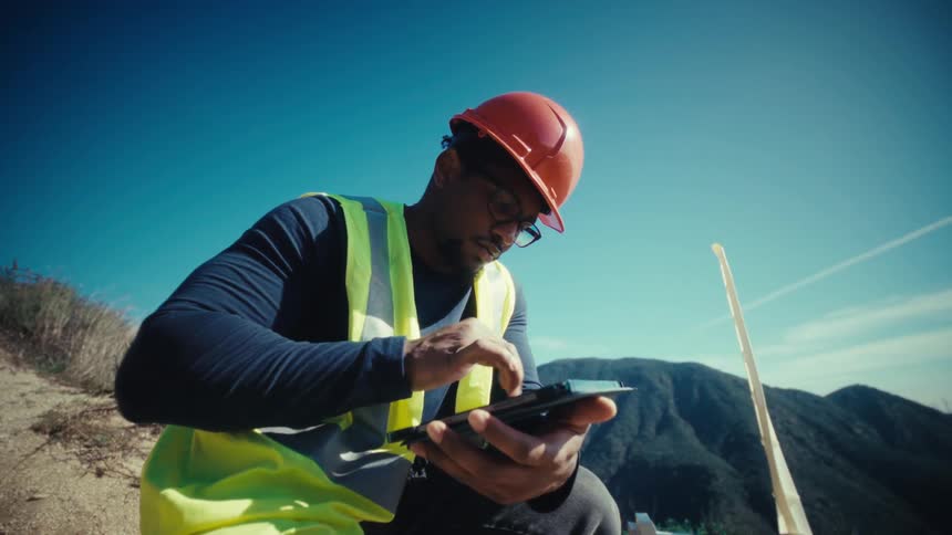 A young male utility worker wearing a red helmet and a green vest stands on a hill under the bright sun scrolling through his ipad as a small wind turbine turns in front of him