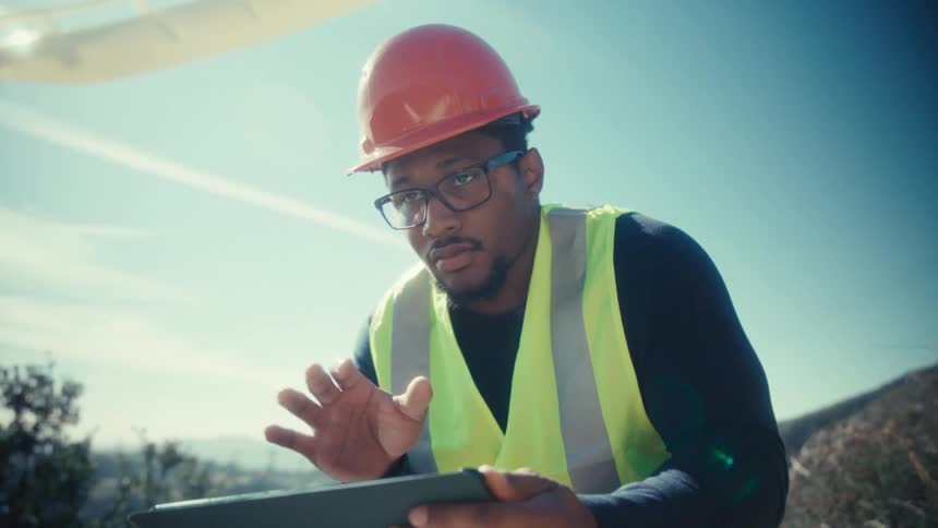 Worker wearing a reflective vest and interacting with a tablet