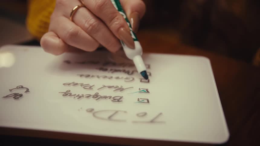 A person uses a marker to check off a series of handwritten tasks on a to do list written on a small whiteboard