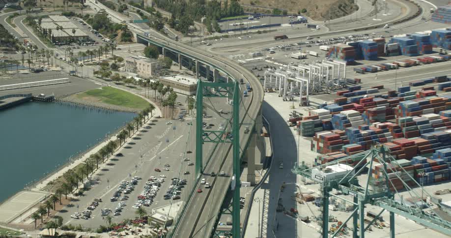 A large bridge over the Long Beach, California city harbor