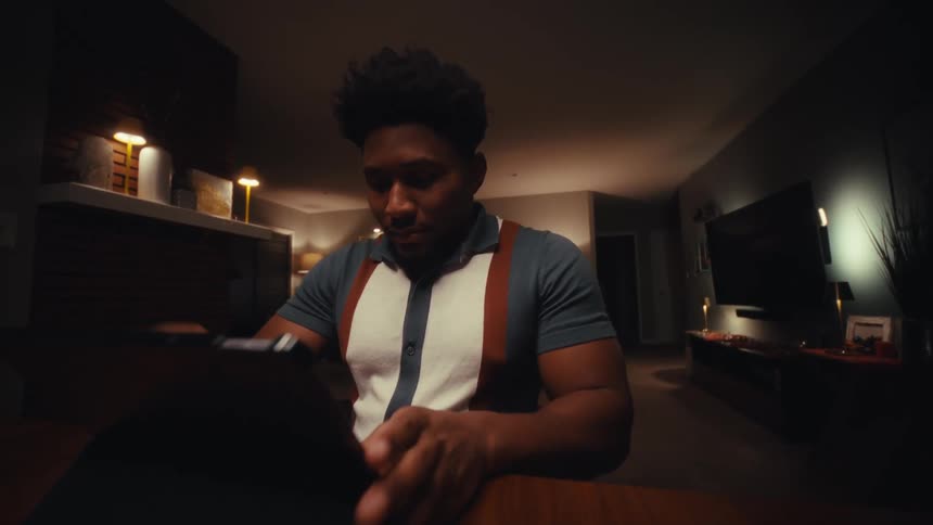Man sets a tablet upright on a table at home in the evening and makes selections on the screen