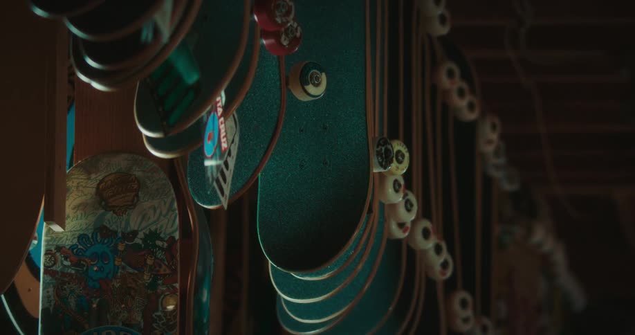 Skateboards hang in the store