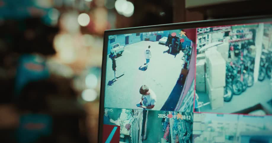 Monitor displays multiple surveillance camera feeds showing outdoor area and shop interior
