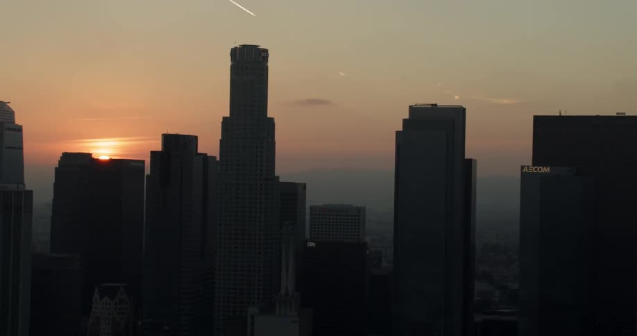 Aerial View of Downtown Los Angeles silhouetted at sunset