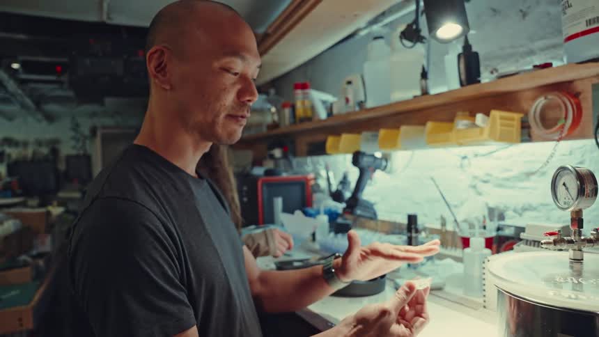 A man stands in a workshop holding a small white component and gesturing with his hands while speaking near a workbench with various tools and equipment