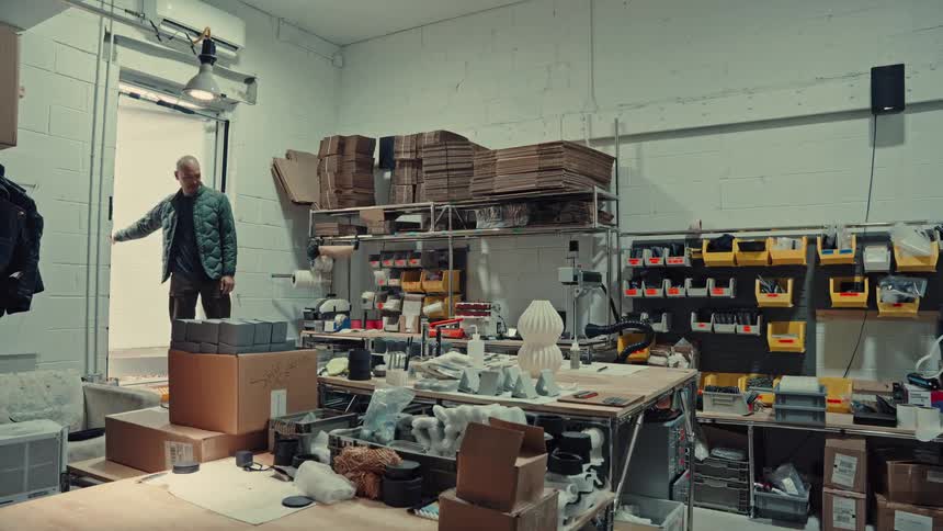 A bald man wearing a green jacket enters a cluttered workshop filled with boxes and equipment through a bright doorway on the left