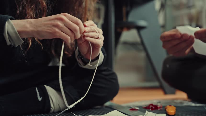A closeup view shows a persons hands meticulously working with thin white cords and small pieces of fabric spread out on a dark gridded cutting mat while measuring or knotting the string as part of a detailed crafting project