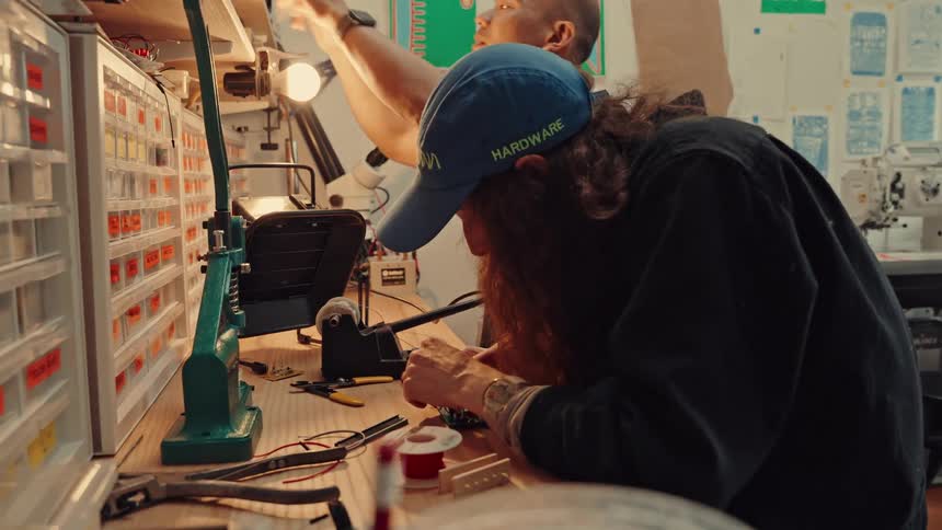 Two people work together at a workshop bench the woman wearing a hat as she focuses on the task while a man stands beside her both engaged in handson work