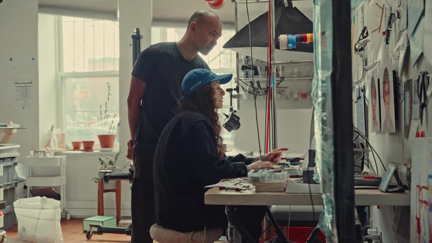 Young adult woman sitting down using a computer and talking to an young adult asian man standing next to her in a studio indoors during day time