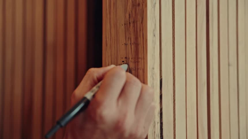 A person writing on wood with a pen