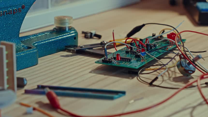 Circuit board over a wooden table with wires and tools around it indoors