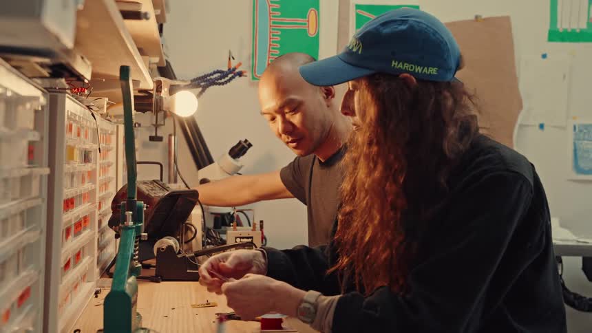 Two people work sidebyside at a cluttered electronics workbench filled with tools and components the woman in a blue cap focuses on assembling small parts while the man adjusts equipment under a bright lamp