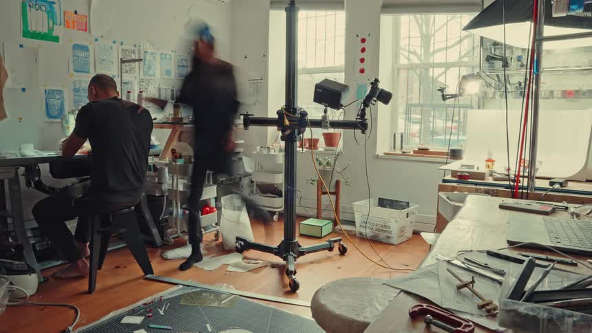 A man and woman work to prepare for a photo shoot in a small studio