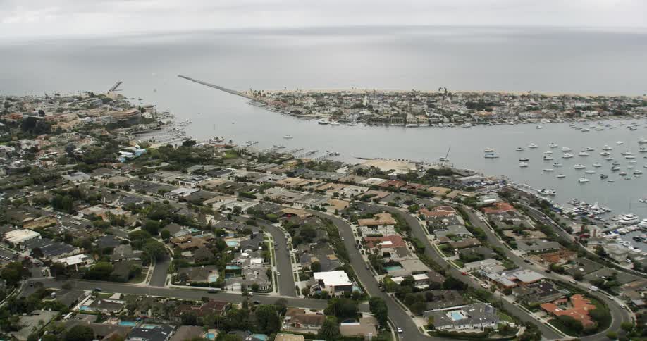 Aerial view of Newport Beach, California next to the Pacific Ocean