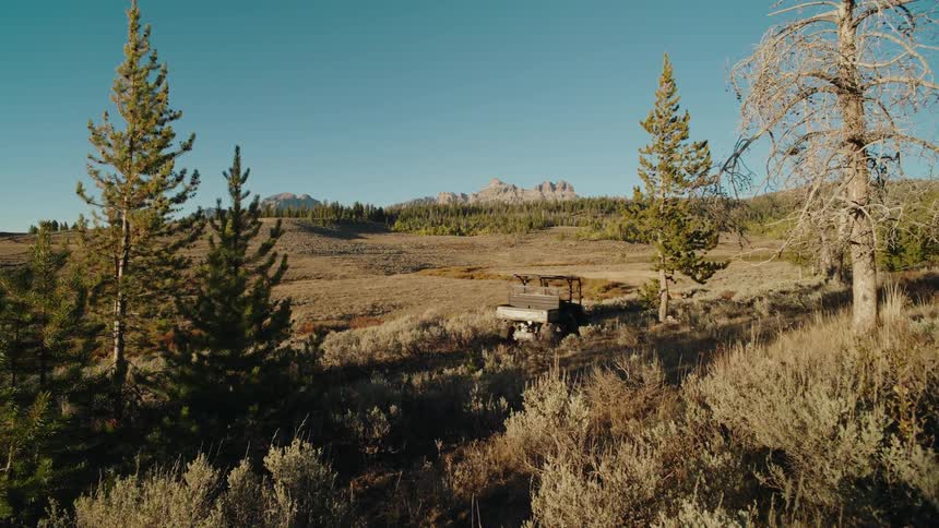 A utility vehicle drives across a dry grassy landscape with pine trees and rocky mountains in the distance under a clear blue sky