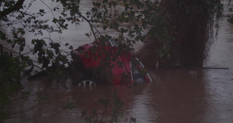 Red car sinking into running waters with trees around outdoors