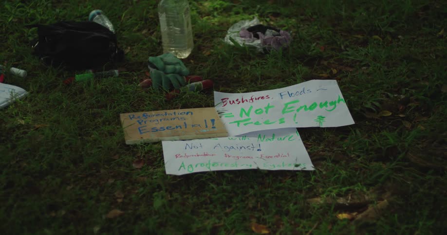 Signs are laying on the grass