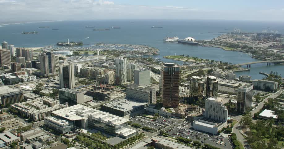 Downtown Long Beach, California buildings stand along coastline