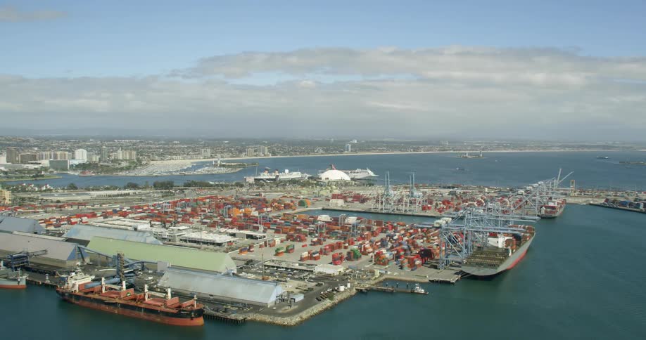 Aerial view of a large harbor in Long Beach, California
