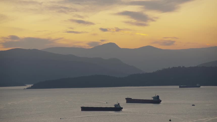 The freighters are anchored outside the shore