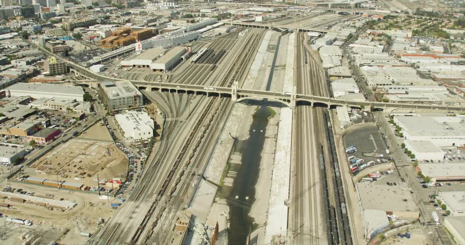LA River and Train Depot Aerial View
