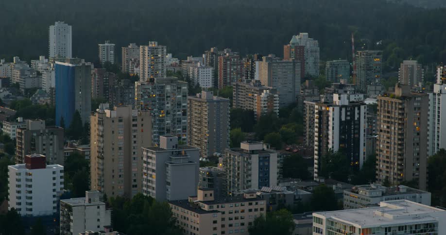 An aerial view of tall buildings in a city