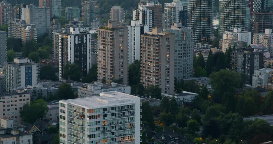 An aerial view of tall buildings in a city