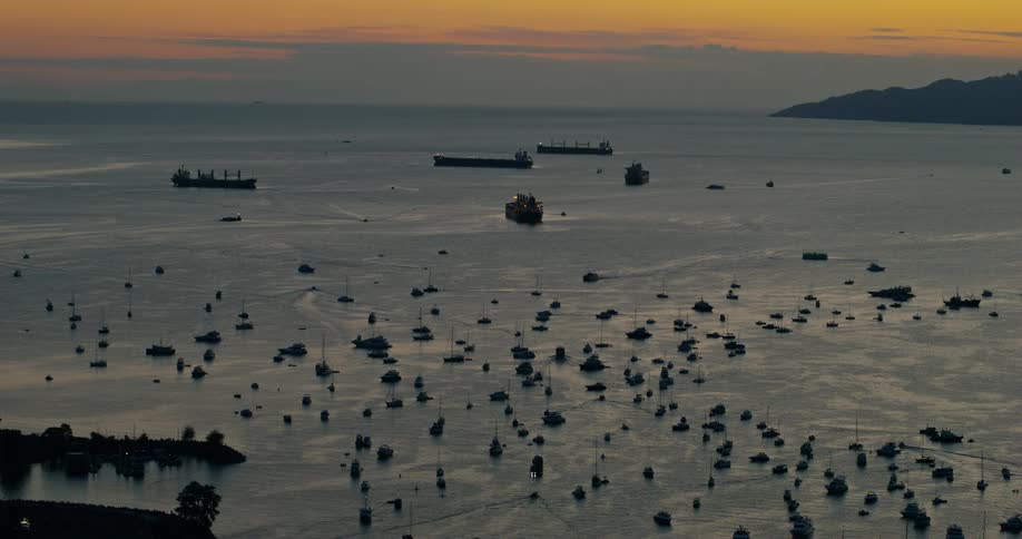 Aerial view of boats and ships anchored in a wide harbor at sunset