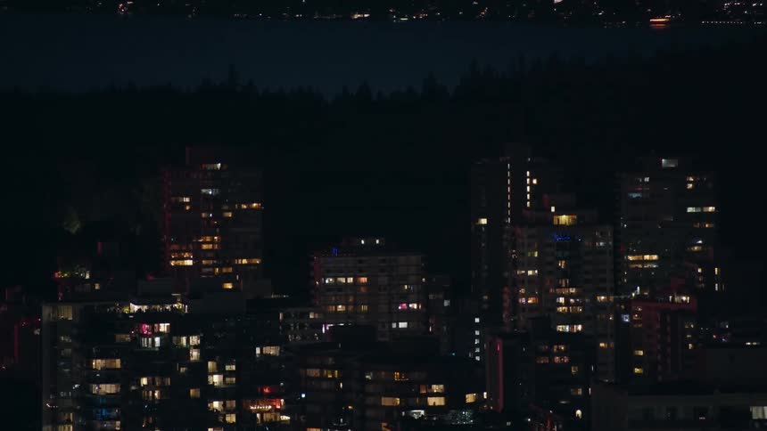 Neighborhood in a metropolitan area next to a forest with a body of water on the background outdoors during night time
