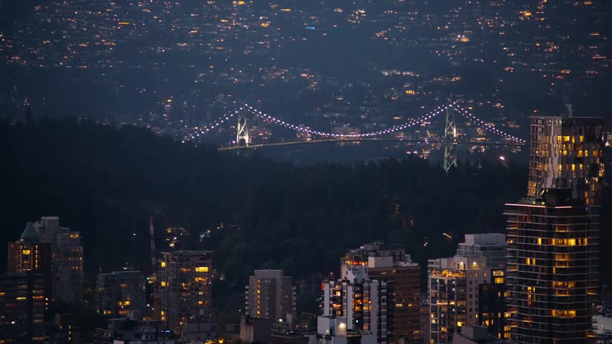 A city skyline filled with towering skyscrapers glows brightly at night their lights reflecting across the horizon with a distant link bridge illuminated against the dark sky