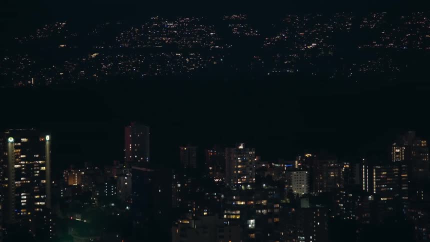 A city skyline at night