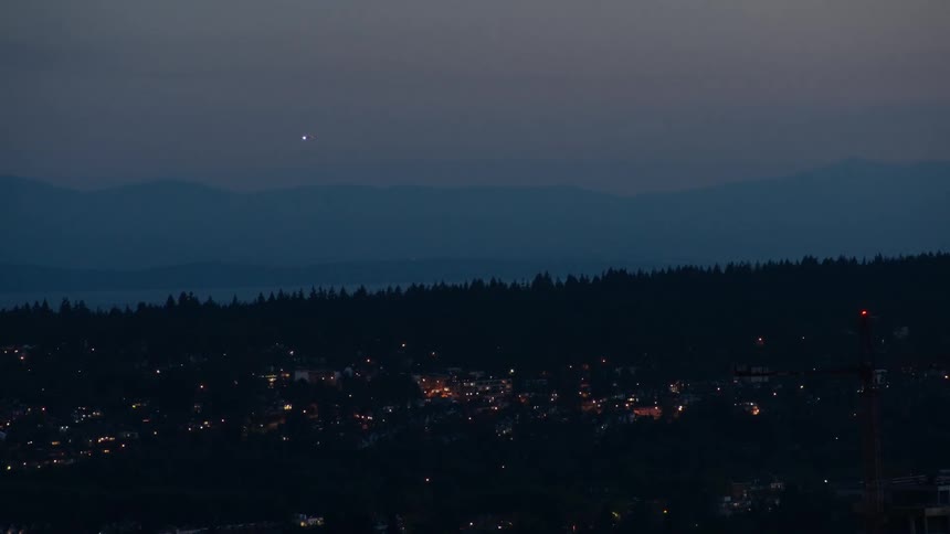Distant plane flying with blinking light above the forest treeline at dusk