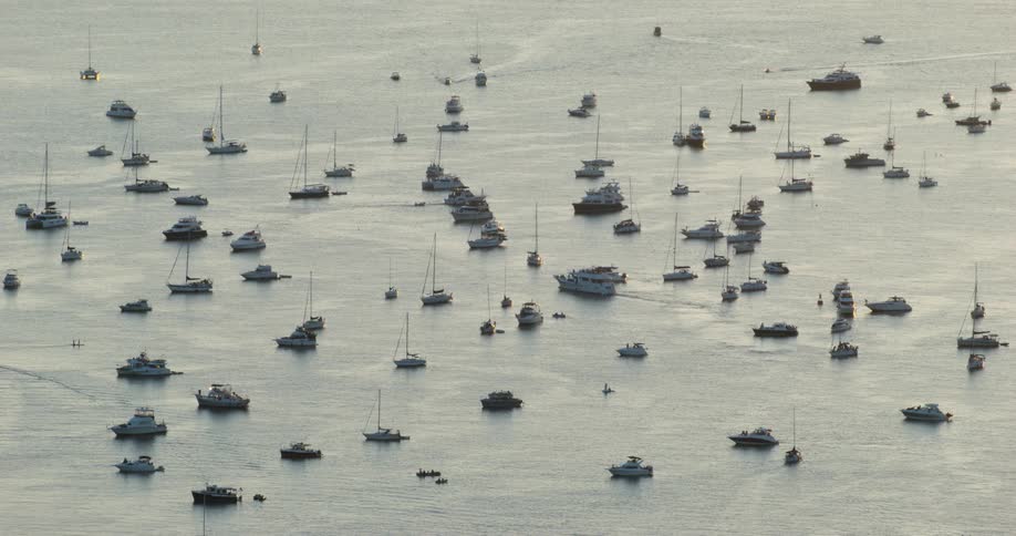 Numerous sailboats and yachts are gathered on calm sunlit water