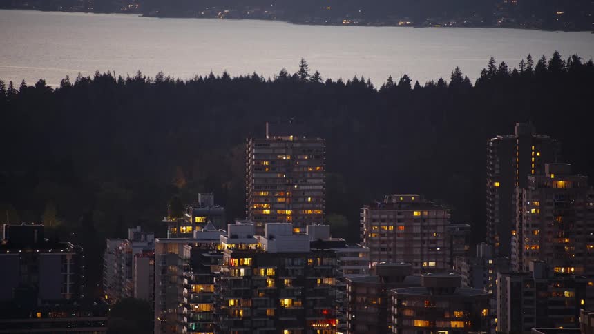 Trees and a lake are behind the city