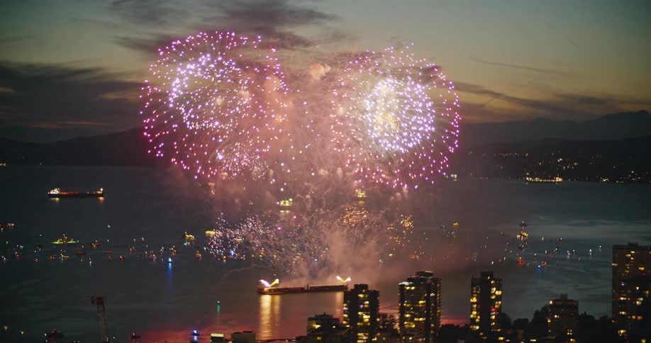 Fireworks launched in the water by a city