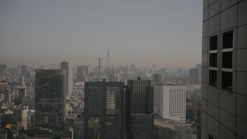 Panoramic view of a dense urban area with tall buildings under a clear sky and light atmospheric haze