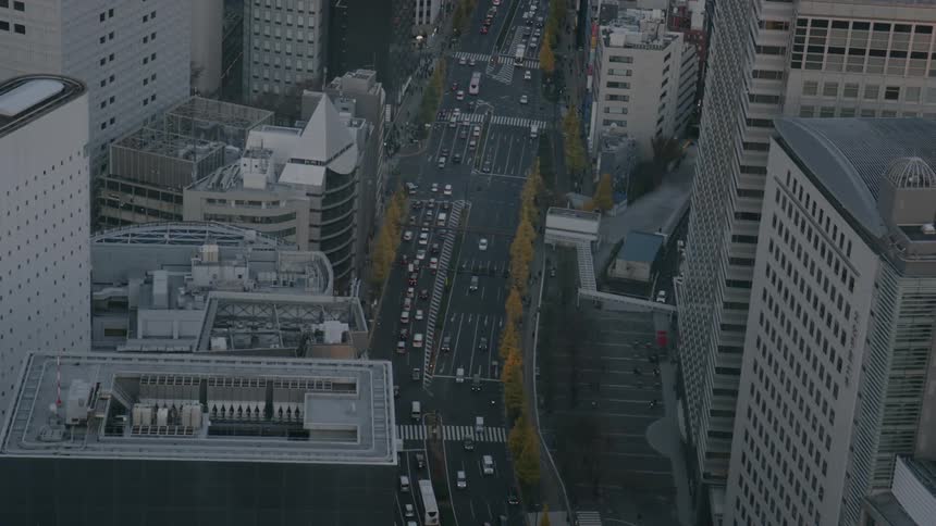 An aerial view shows cars and buses moving through a wide city intersection flanked by tall office buildings and yellow ginkgo trees