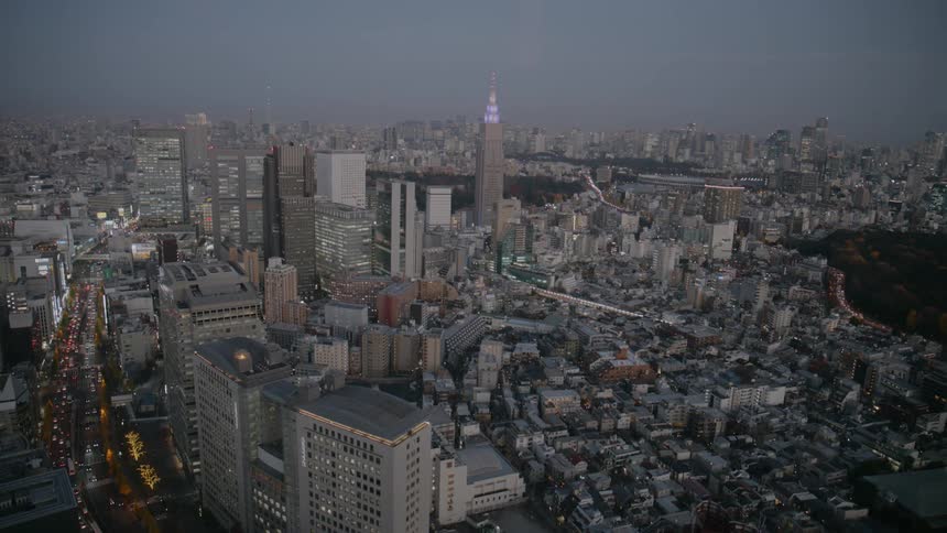 An aerial view of tall buildings in a city
