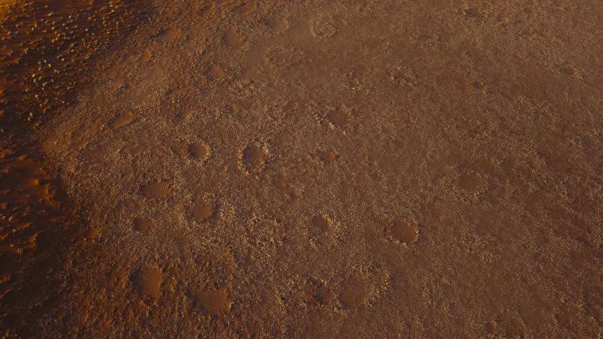 Circular marks spread across a dry earth surface illuminated by side light