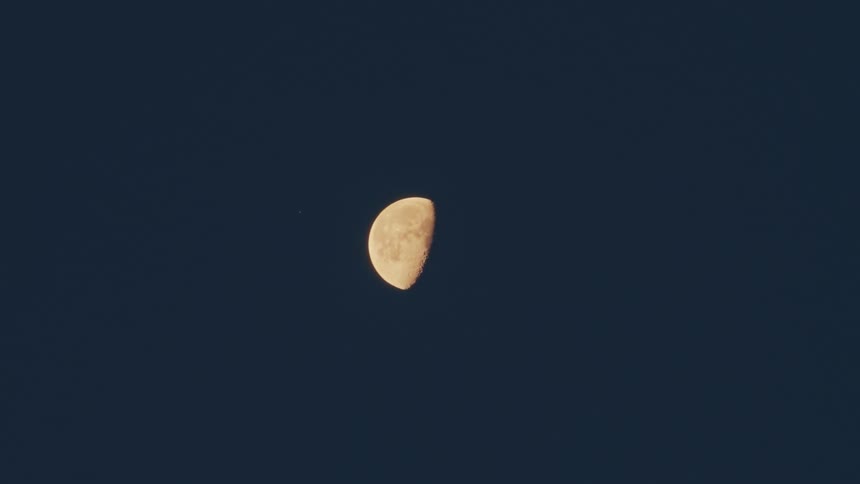 Third quarter moon reveals craters under dark blue night sky